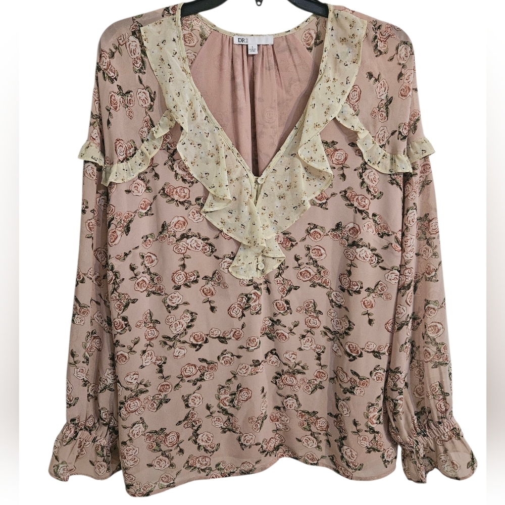 DR2 By Daniel Rainn Floral Ruffle Blouse Pink Cream Long Sleeve Layered Sz L